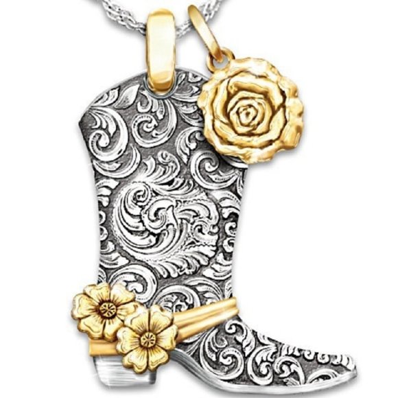 "Country Rose" Western Boot Pendant Necklace - Picture 4 of 9